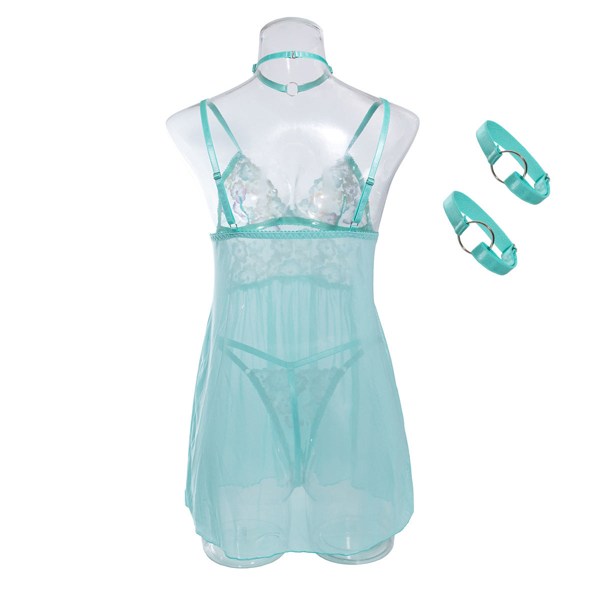 Wholesale Green Babydoll Lingerie with Sheer Floral Top Back. View