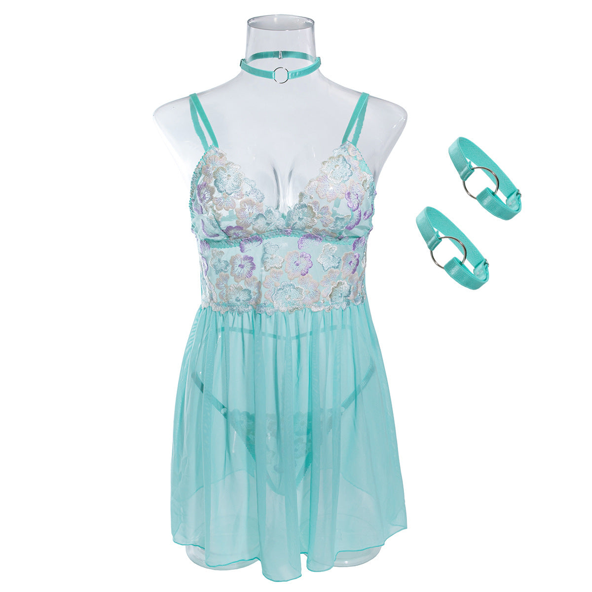 Wholesale Green Babydoll Lingerie with Sheer Floral Top Front Display
