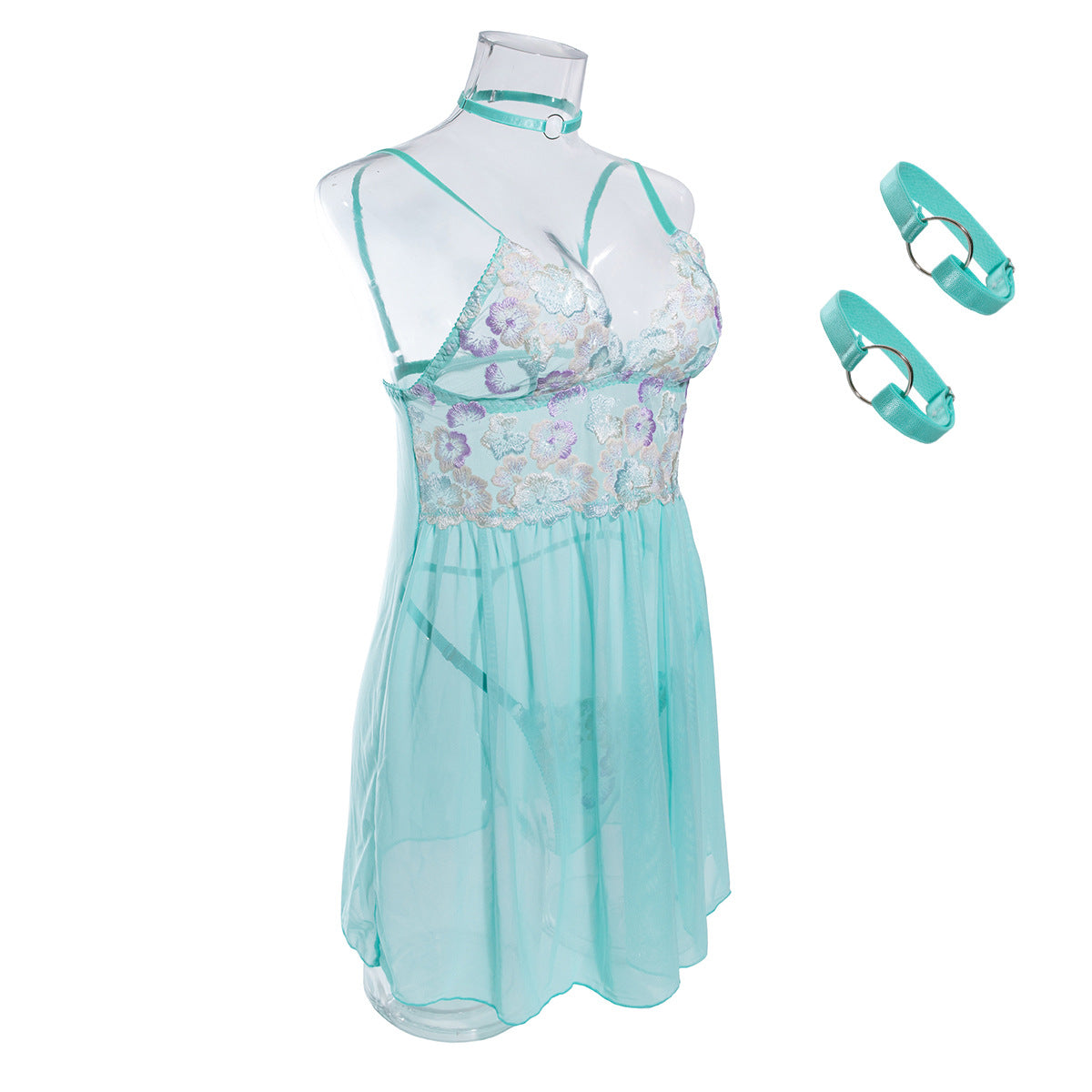 Wholesale Green Babydoll Lingerie with Sheer Floral Top Side View