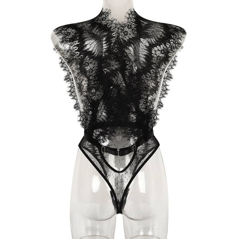 Eyelash Lace Deep V Bodysuit Back View