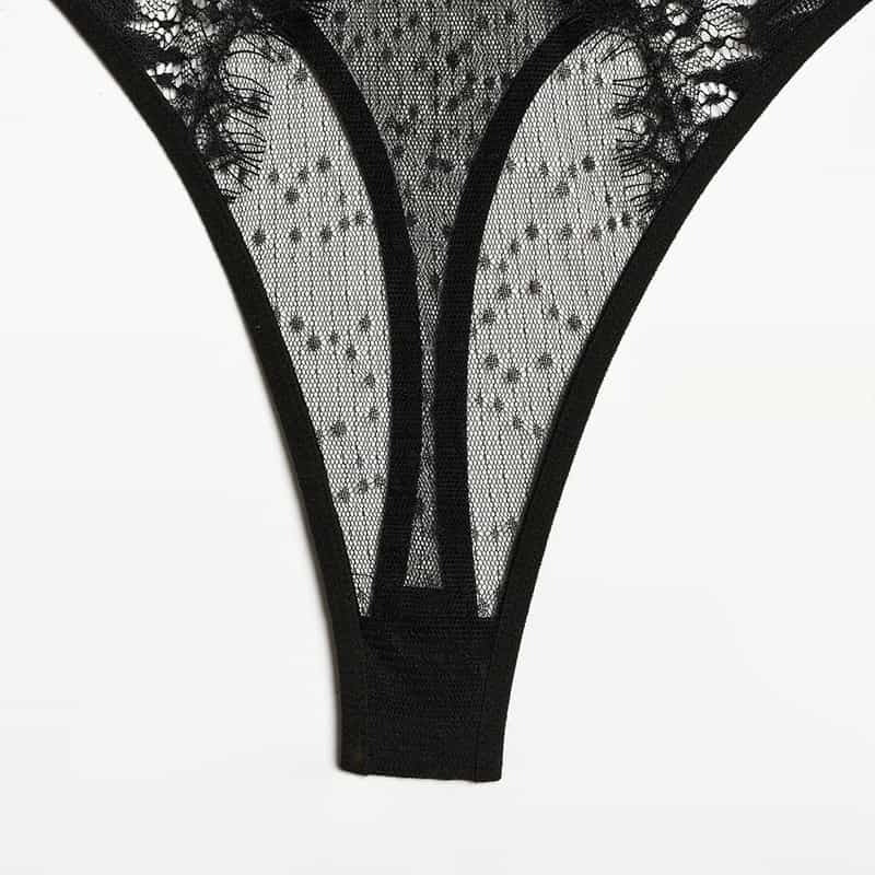 Eyelash Lace Deep V Bodysuit Crotch Details