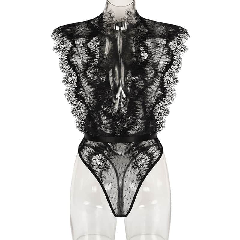 Eyelash Lace Deep V Bodysuit Front View
