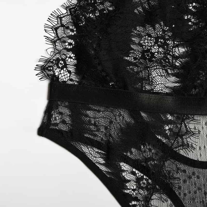Eyelash Lace Deep V Bodysuit Waist Details