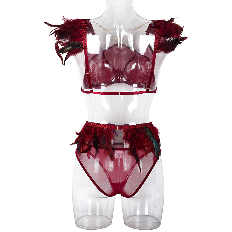 Fire Brick Sheer Mesh Bra and Panty Set with Feather Back View