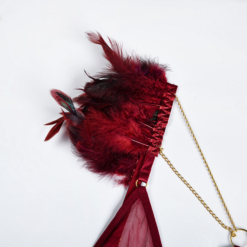 Fire Brick Sheer Mesh Bra and Panty Set with Feather Stra